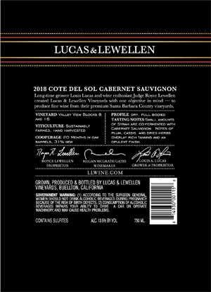 2018 Lucas & Lewellen Cote del Sol Cabernet Sauvignon back label