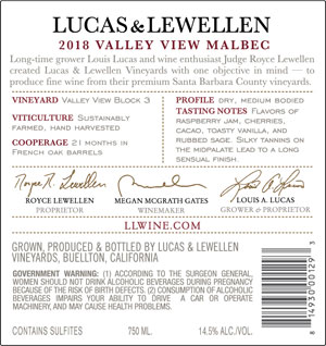 2018 Lucas & Lewellen Malbec back label