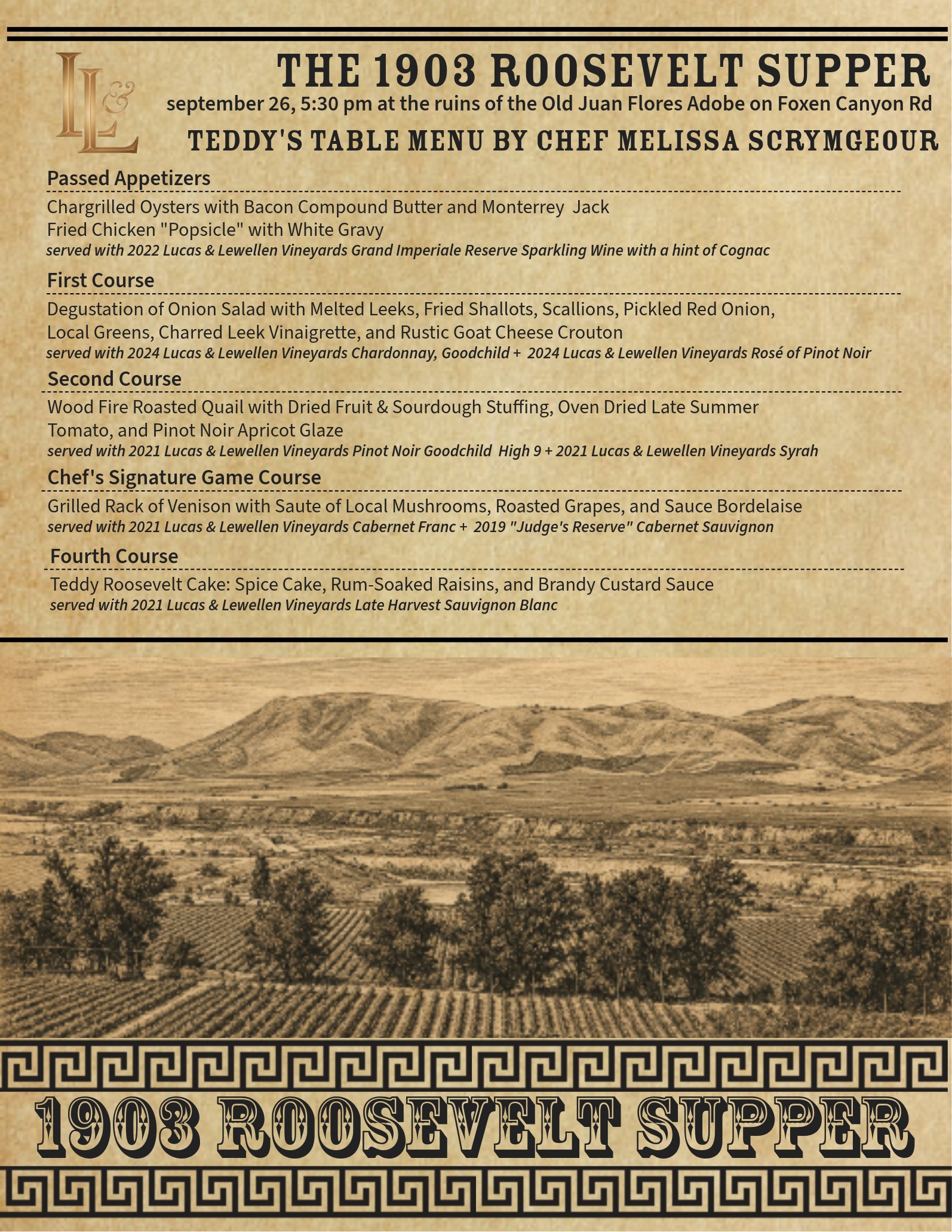 1903 Roosevelt Supper Menu 4 courses Oysters, Chicken, Onion Salad, Quail, Venison, Teddy Roosevelt Cake