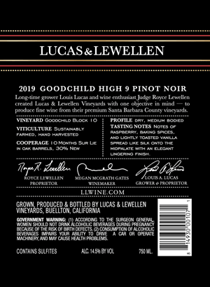 2019 Pinot Noir Goodchild High 9  back label