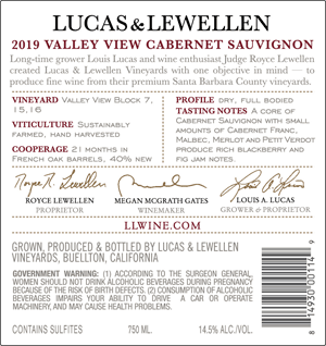 2019 Lucas & Lewellen Cabernet Sauvignon, Valley View back label
