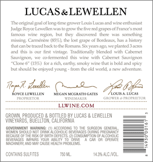 Lucas & Lewellen 2019 Carménère back label