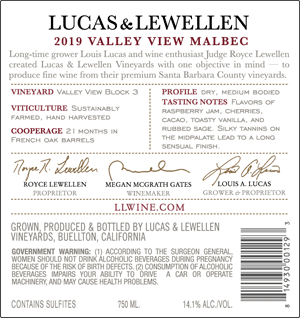 2019 Lucas & Lewellen Malbec back label