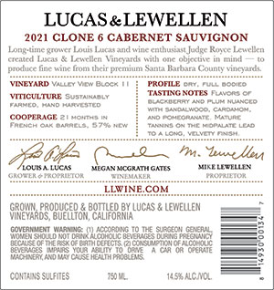 2021 Lucas & Lewellen Cabernet Sauvignon Clone 6 back label 2021 Lucas & Lewellen Cabernet Sauvignon Clone 6 back label