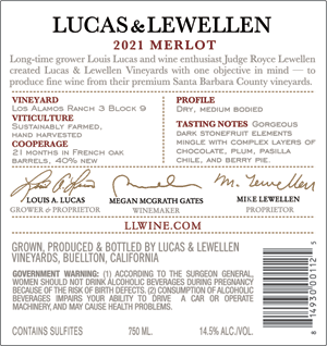 2021 Lucas & Lewellen Merlot back label