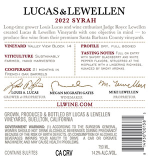 2022 Lucas & Lewellen Syrah back label 2022 Lucas & Lewellen Syrah back label