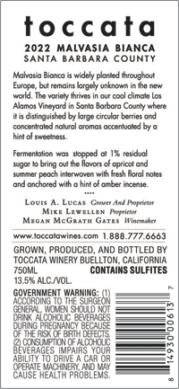 2022 Malvasia Bianca back label