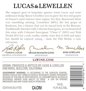 2023 Lucas & Lewellen Carmenere back label 2023 Lucas & Lewellen Carmenere back label