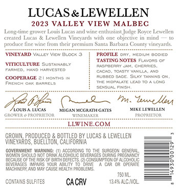 2023 Lucas & Lewellen Vineyards Malbec back label 2023 Lucas & Lewellen Vineyards Malbec back label