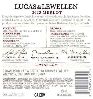 Lucas & Lewellen 2023 Merlot back label Lucas & Lewellen 2023 Merlot back label