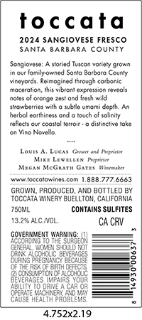 2024 Toccata Sangiovese Fresco back label