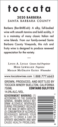 2020 Toccata Barbera back label