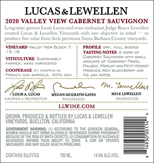 2020 Lucas & Lewellen Cabernet Sauvignon, Valley View back label