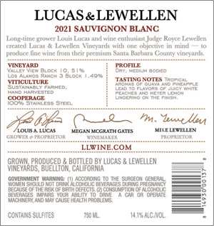 Lucas & Lewellen Sauvignon Blanc 2021 back label