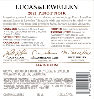2021 Lucas & Lewellen Pinot Noir back label
