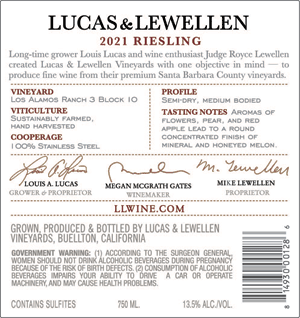2021 Lucas & Lewellen Riesling back label