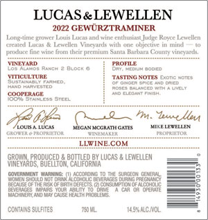 Back label 2022 Lucas & Lewellen Gewurztraminer wine