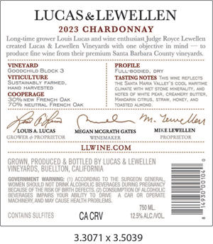 2023 Lucas & Lewellen Vineyards Goodchild Vineyard Chardonnay back label 2023 Lucas & Lewellen Vineyards Goodchild Vineyard Chardonnay back label