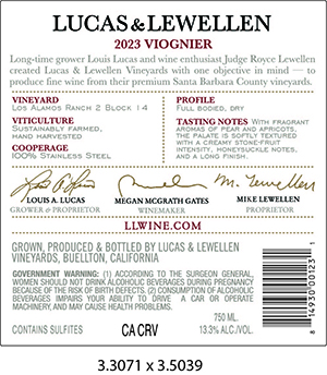 Lucas & Lewellen 2022 Viognier back bottle label