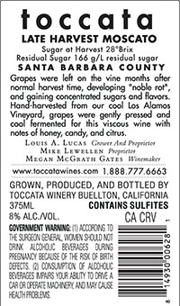 2025 Toccata Late Harvest Moscato back label 2025 Toccata Late Harvest Moscato back label
