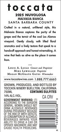 2025 Toccata Nuvalosa back label