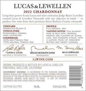 2022 Lucas & Lewellen Goodchild Vineyard Chardonnay back label
