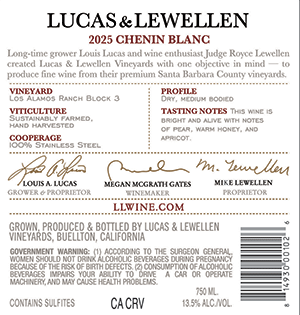 2025 Lucas & Lewellen Chenin Blanc back label