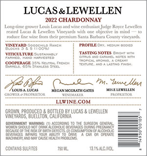 2022 Lucas & Lewellen Chardonnay Estate back label