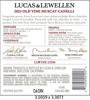 2023 Lucas & Lewellen Old Vine Moscato back label