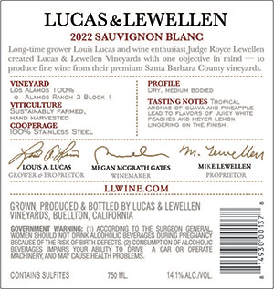 2022 Lucas & Lewellen Sauvignon Blanc back label