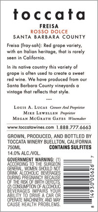 2021 Toccata Rosso Dolce Freisa back label 2021 Toccata Rosso Dolce Freisa back label