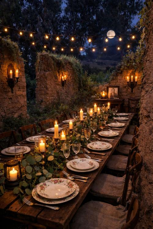 Long wood dinner table in the ruins Long wood dinner table in the ruins