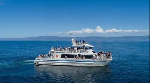 The Condor Express yacht on the ocean in Santa Barbara The Condor Express in Santa Barbara catamaran in the harbor