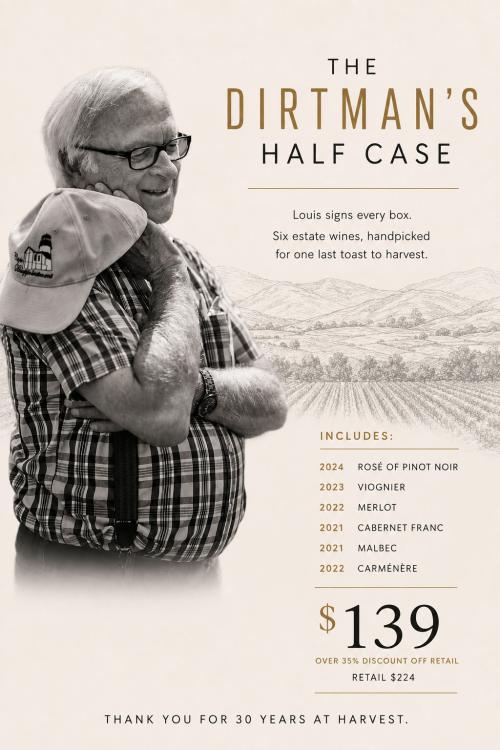 Picture of the Dirtman smiling with six wines for the Dirtman's Half Case of Reds Picture of the Dirtman smiling with six wines for the Dirtman's Half Case of Reds