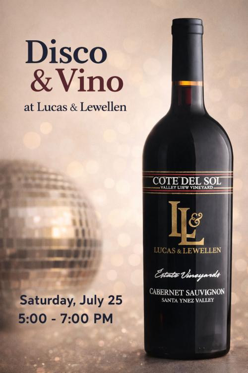 Disco and Vino event - a bottle of Cabernet with a disco ball
