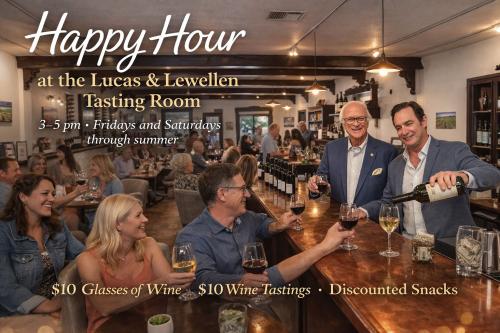 Happy Hour with Louis and Mike pouring wine at the Lucas & Lewellen Tasting Room for happy wine drinkers