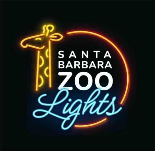 Santa Barbara Zoo Lights Logo - a neon light giraffe with spelled out zoo lights
