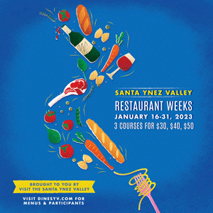 Graphic poster about Santa Ynez Restaurant week with wines and food - 3 course $30 $40 $50