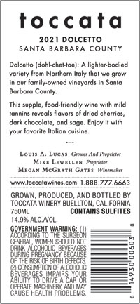 2021 Dolcetto back label