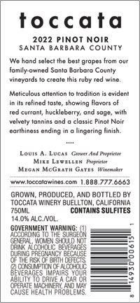 2022 Toccata Pinot Noir back label 2022 Toccata Pinot Noir back label